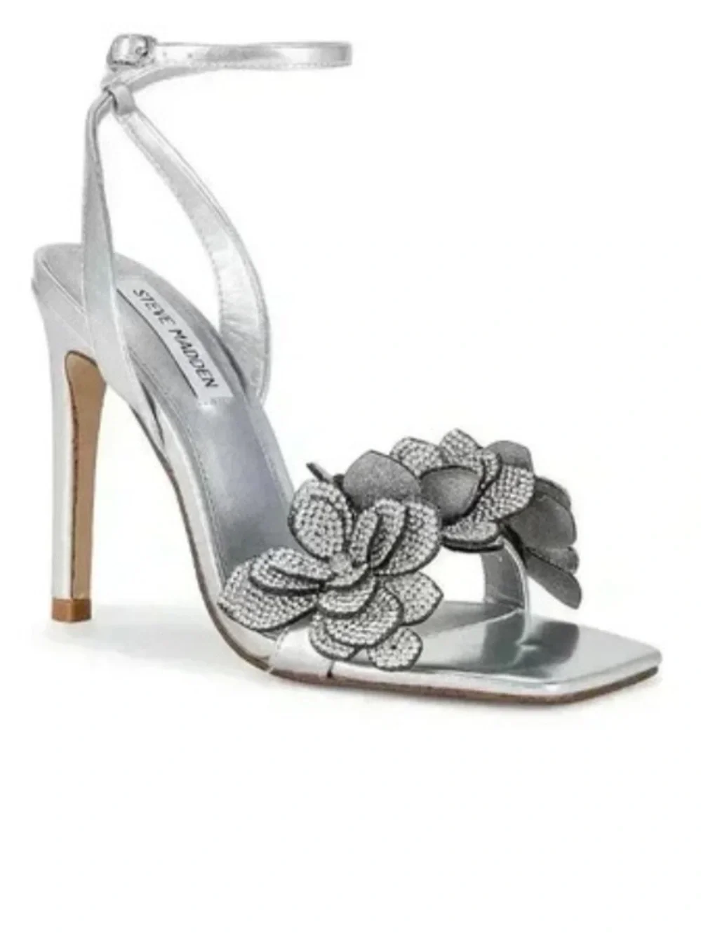 NWOT Steve Madden Ulyana metallic silver rhinestone floral heels summer party - Picture 3 of 12